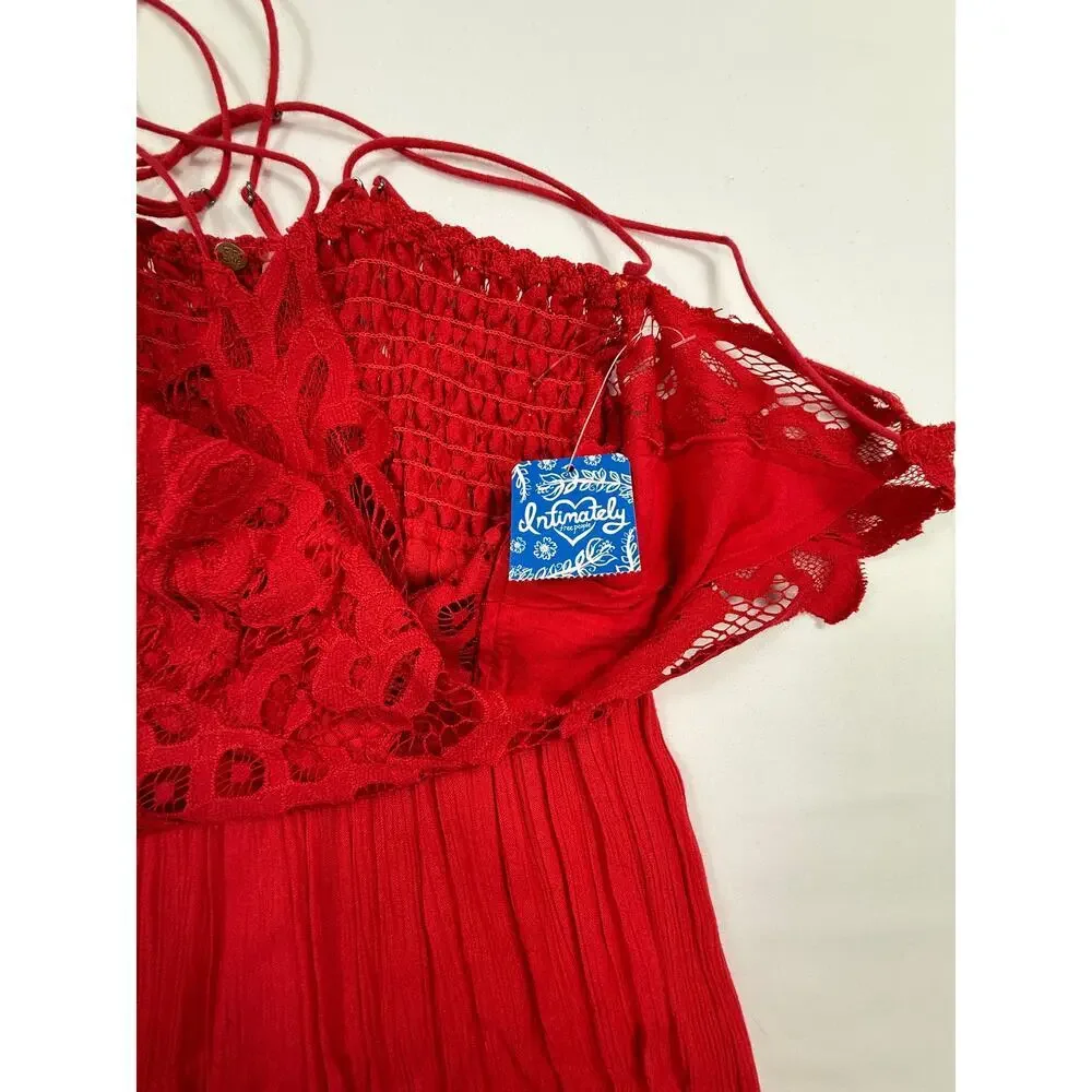 Free People NWT Adella Maxi Slip Dress Sz M Sleeveless Boho Crochet Lace Red - Picture 6 of 12